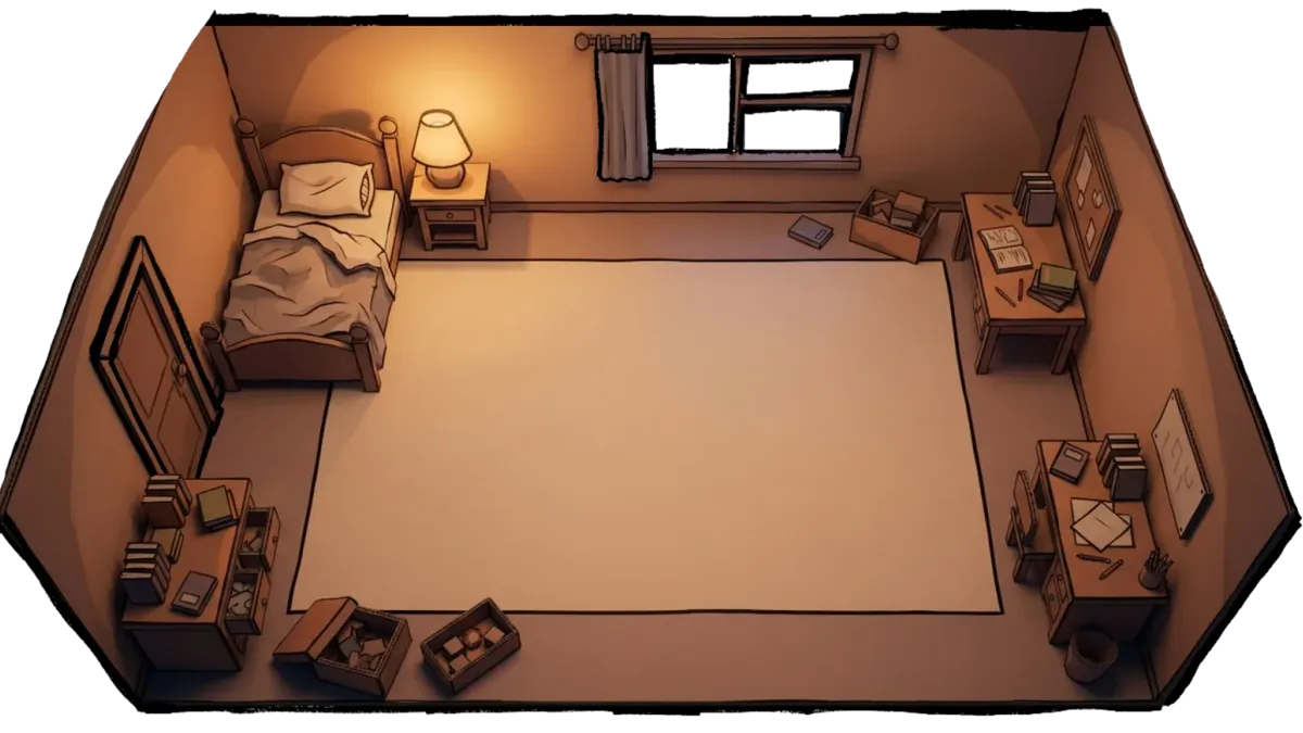 The bedroom board: a 3x5 tabletop diorama ready for night one