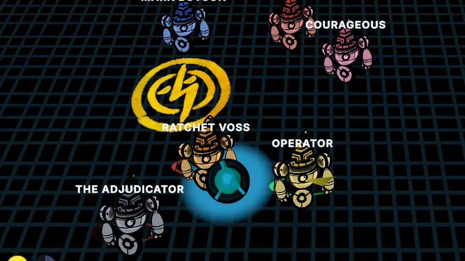 The Diamond arena: six robots circle a spinning thunder-ball, each with a colored league nameplate