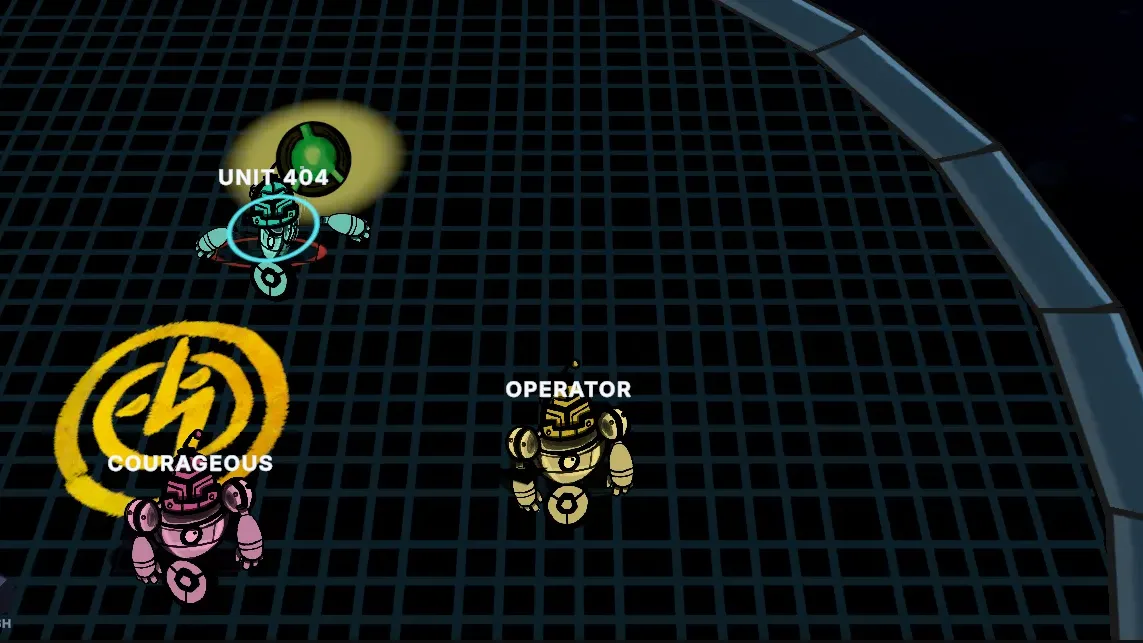 A bot mid-spin with its cyan parry aura active as the ball approaches