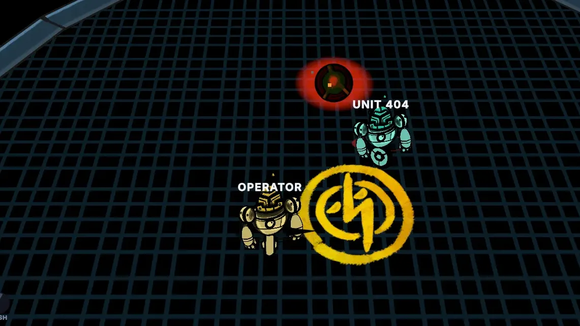 Operator faces Unit 404 across the pit, the yellow logo-ball between them