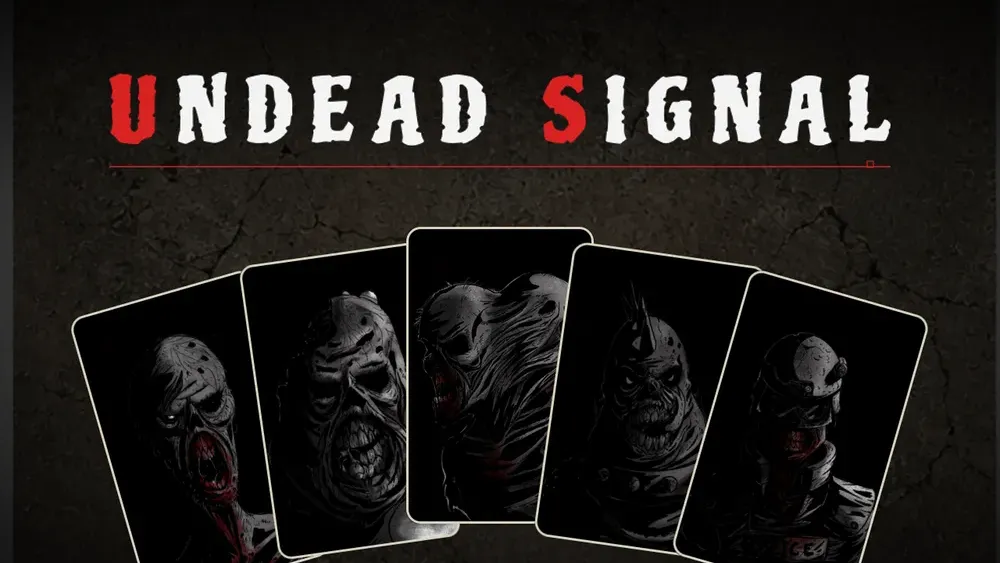 Undead Signal key art: five hand-drawn zombie portrait cards fanned like a dealt poker hand under the red-and-bone logo