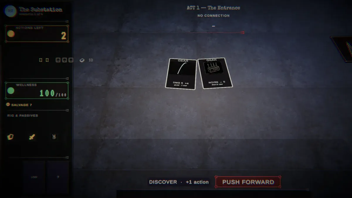 Act 1 at the Substation: two gear cards revealed on the dark table beside the CRT-styled sidebar