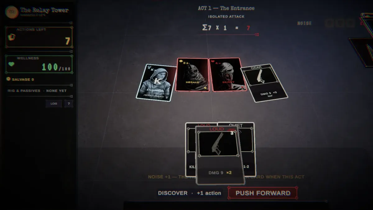A Herald and a Skinny flank a survivor Engineer card at the Relay Tower, revolver gear ready below