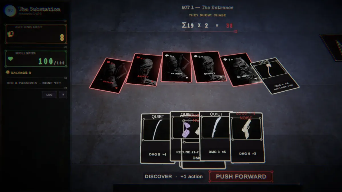 A five-zombie Chase hand on the table with the threat equation reading sum 19 times 2 equals 38