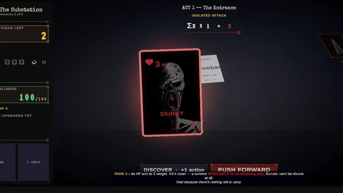 Zoom-inspecting a rank-3 Skinny card while the hint bar explains rank, bite-back, and the Runner rule