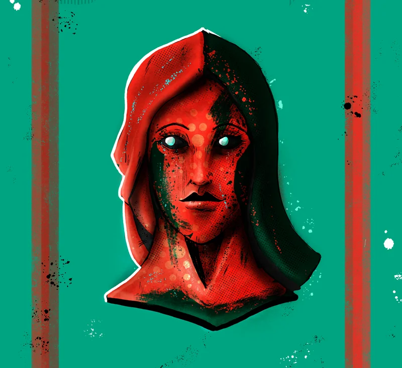 Stylized red portrait with glowing pale eyes against a teal background