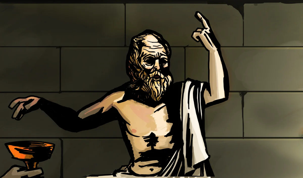 Illustration of Socrates raising one finger beside an offered cup