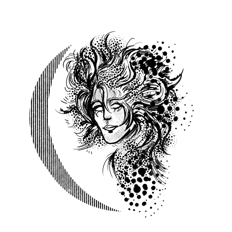 Black-and-white face surrounded by flowing ink lines and halftone dots