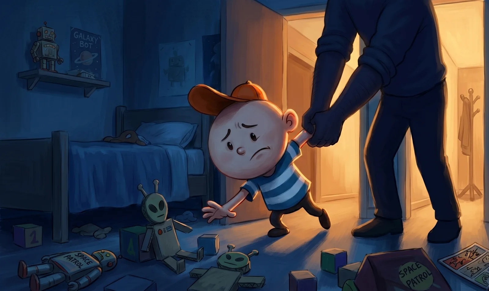 Game-over illustration: a silhouette looms in the doorway