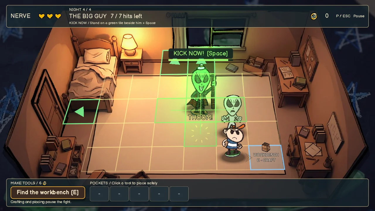 The boss's KICK NOW cue, countdown, and highlighted nearby cells show when and where to attack.