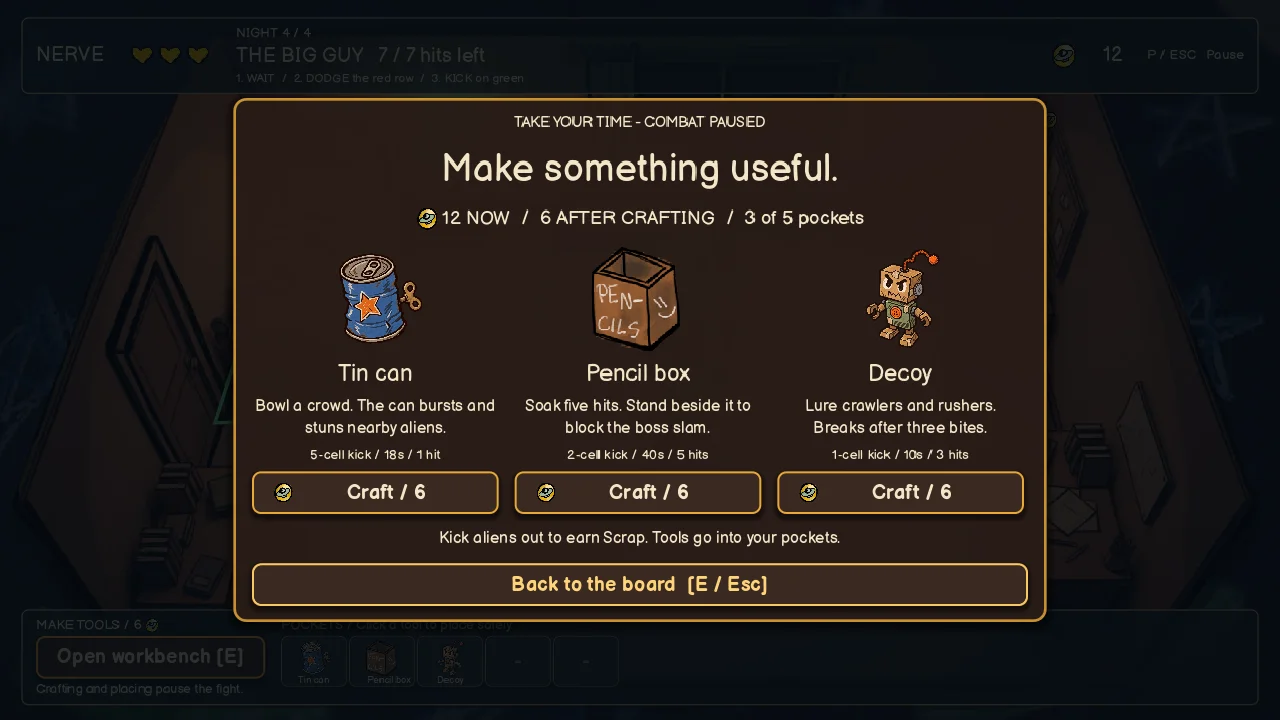 The workbench displays three illustrated recipes with coin costs above the inventory pockets.