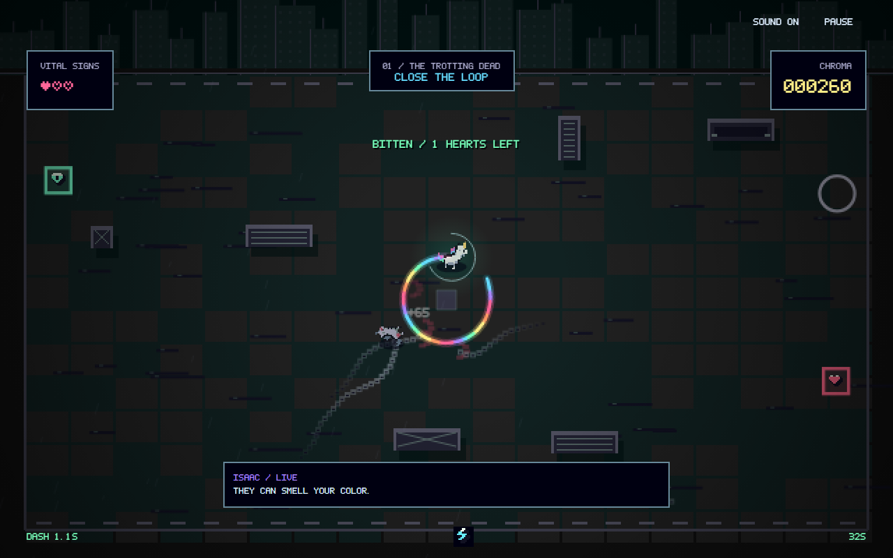 Actual gameplay: a rainbow loop closes around zombie unicorns in a dark city arena
