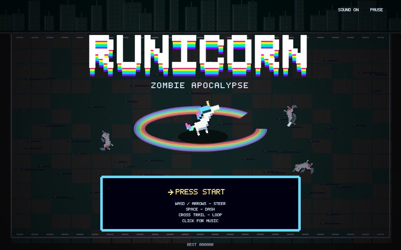 The game's title screen with the centered rainbow Runicorn logo and keyboard controls
