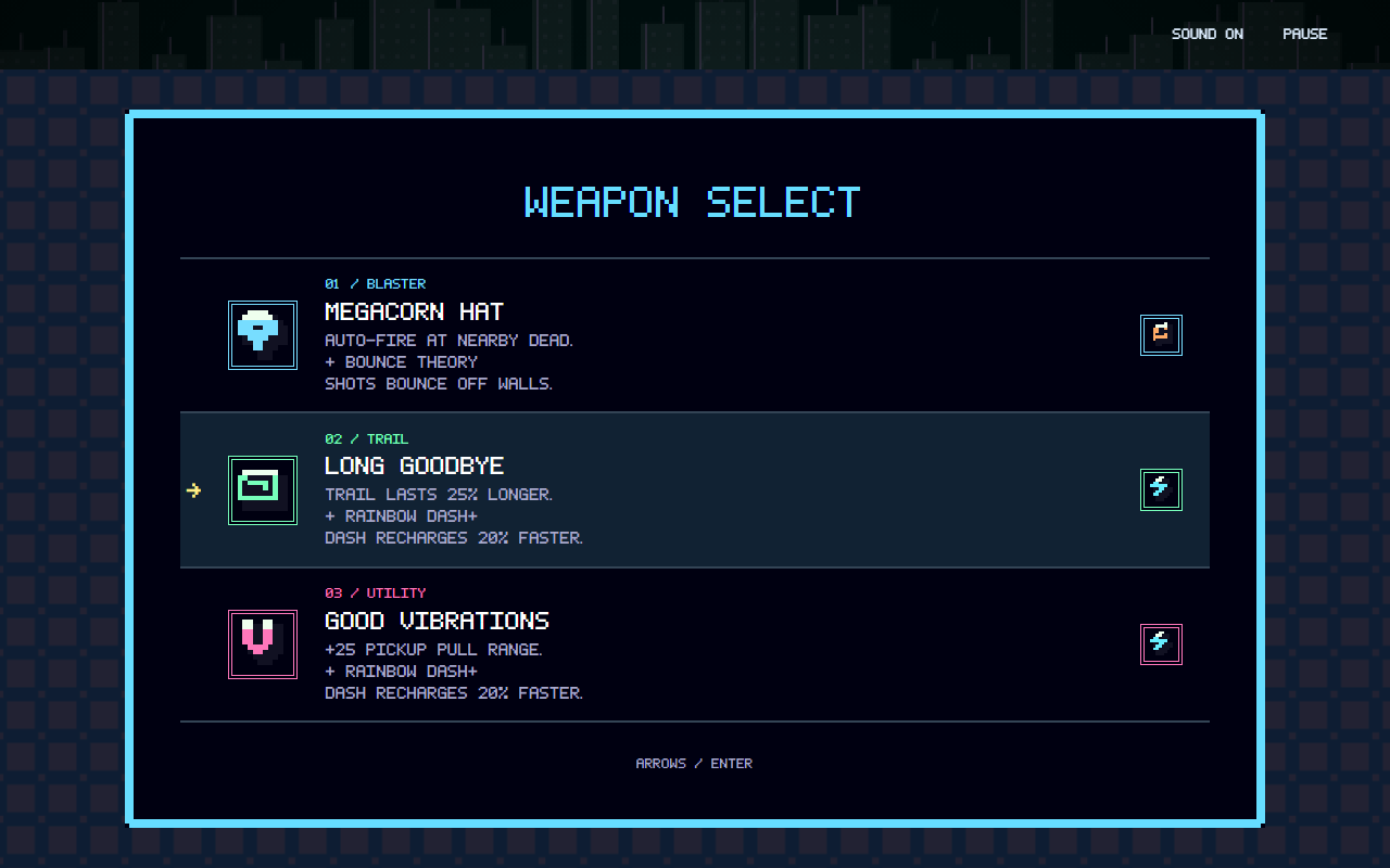 Weapon Select: pixel icons and mutation descriptions in the game's retro upgrade screen
