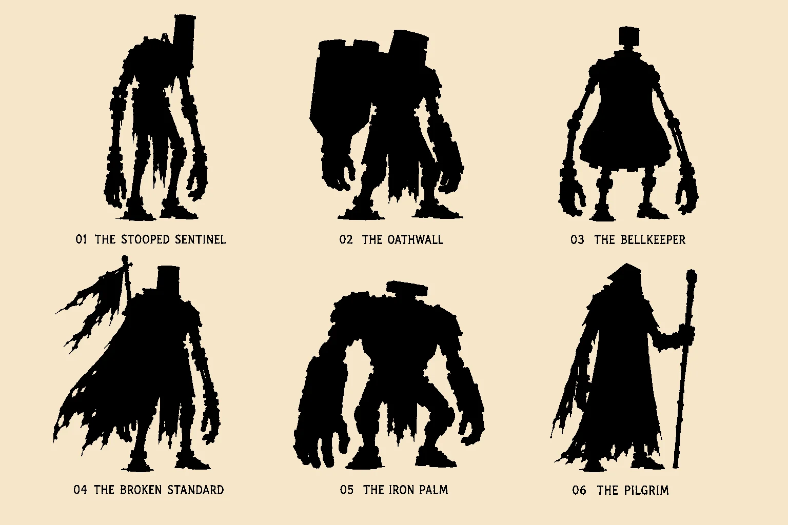 Six Cog directions from the exploration board: Stooped Sentinel, Oathwall, Bellkeeper, Broken Standard, Iron Palm, Pilgrim