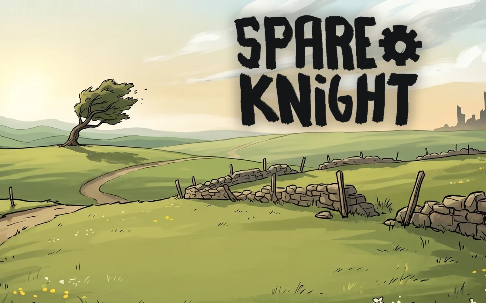 Spare Knight key art: the brush-lettered title logo with its gear over the hand-painted Act 1 countryside, a lone tree on the hill and ruins on the horizon
