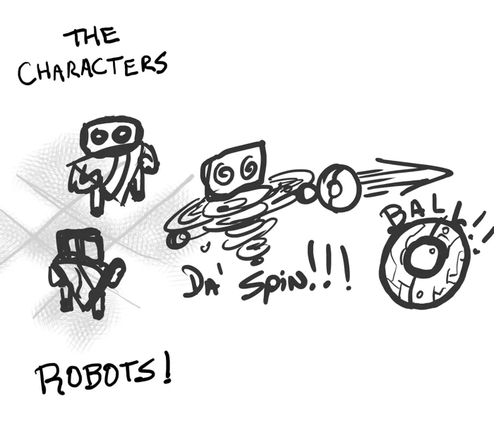 Early concept sketch: the robots, the spin, and the ball