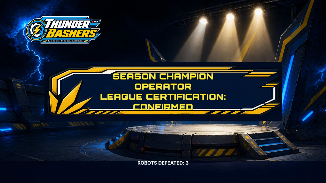 Champion screen: a spotlit podium and a league certification card