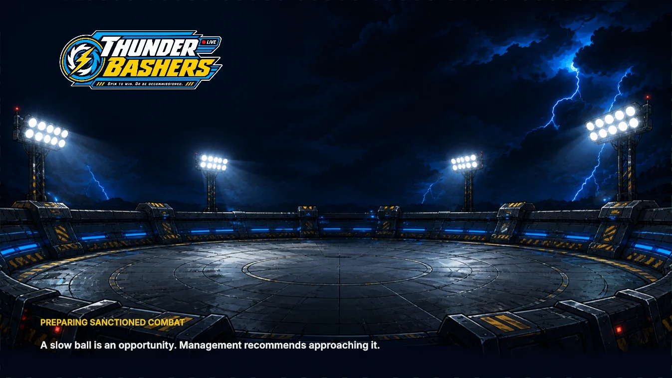 Loading screen: the empty pit under floodlights with a deadpan league tip