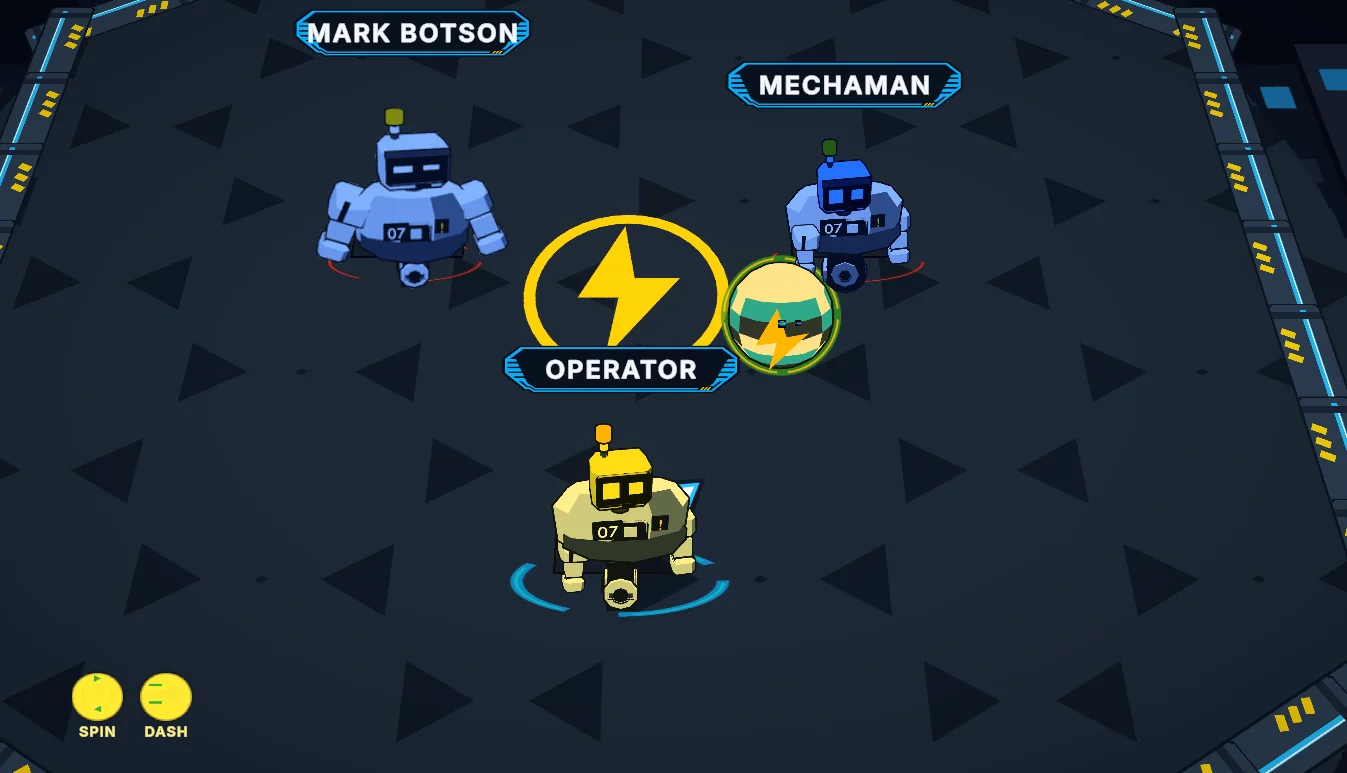A live match: three robots with league nameplates on a flat-shaded pit floor, the charged ball between them