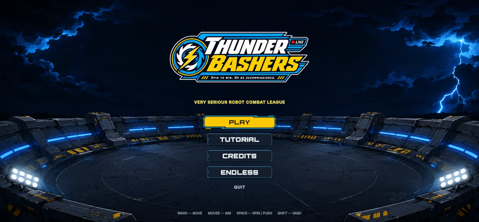 Title screen: the league lockup, a VERY SERIOUS ROBOT COMBAT LEAGUE strapline, and the storm pit behind the menu