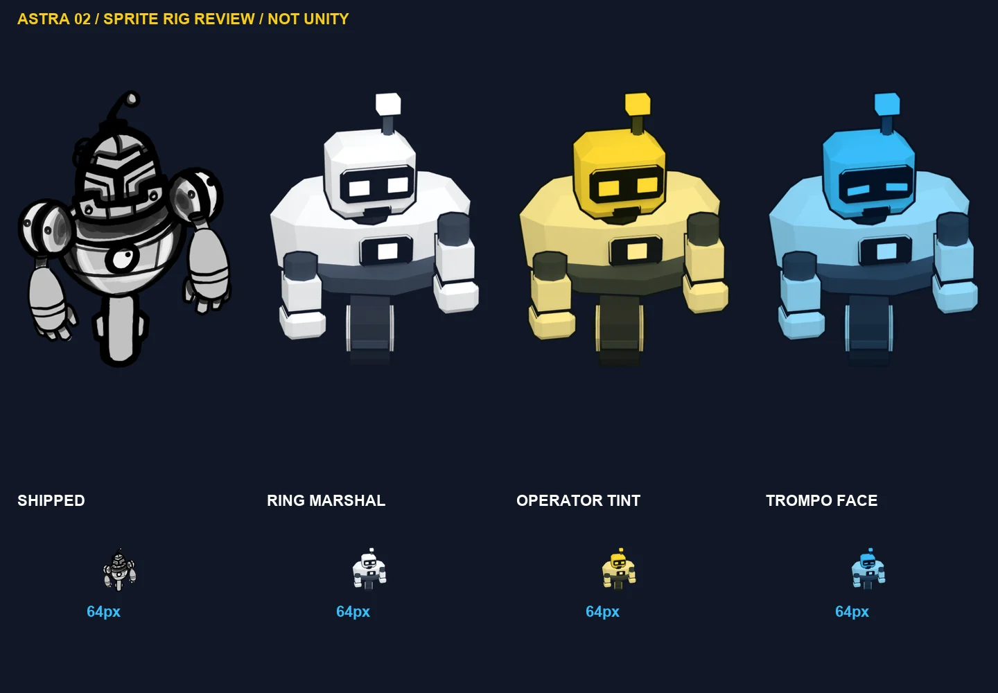 Rig review: the shipped robot beside the rendered model, with team tint and a second face